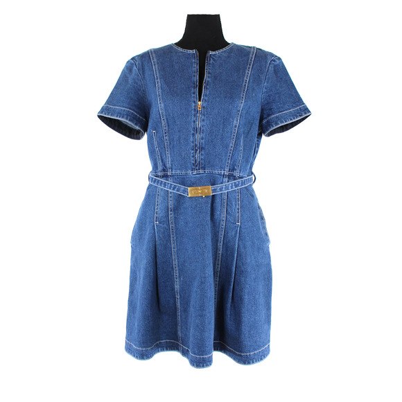 Tory Burch Nadia Triple Washed Blue Denim Belted Dress 12 Gold Logo Short Mini - Picture 2 of 8